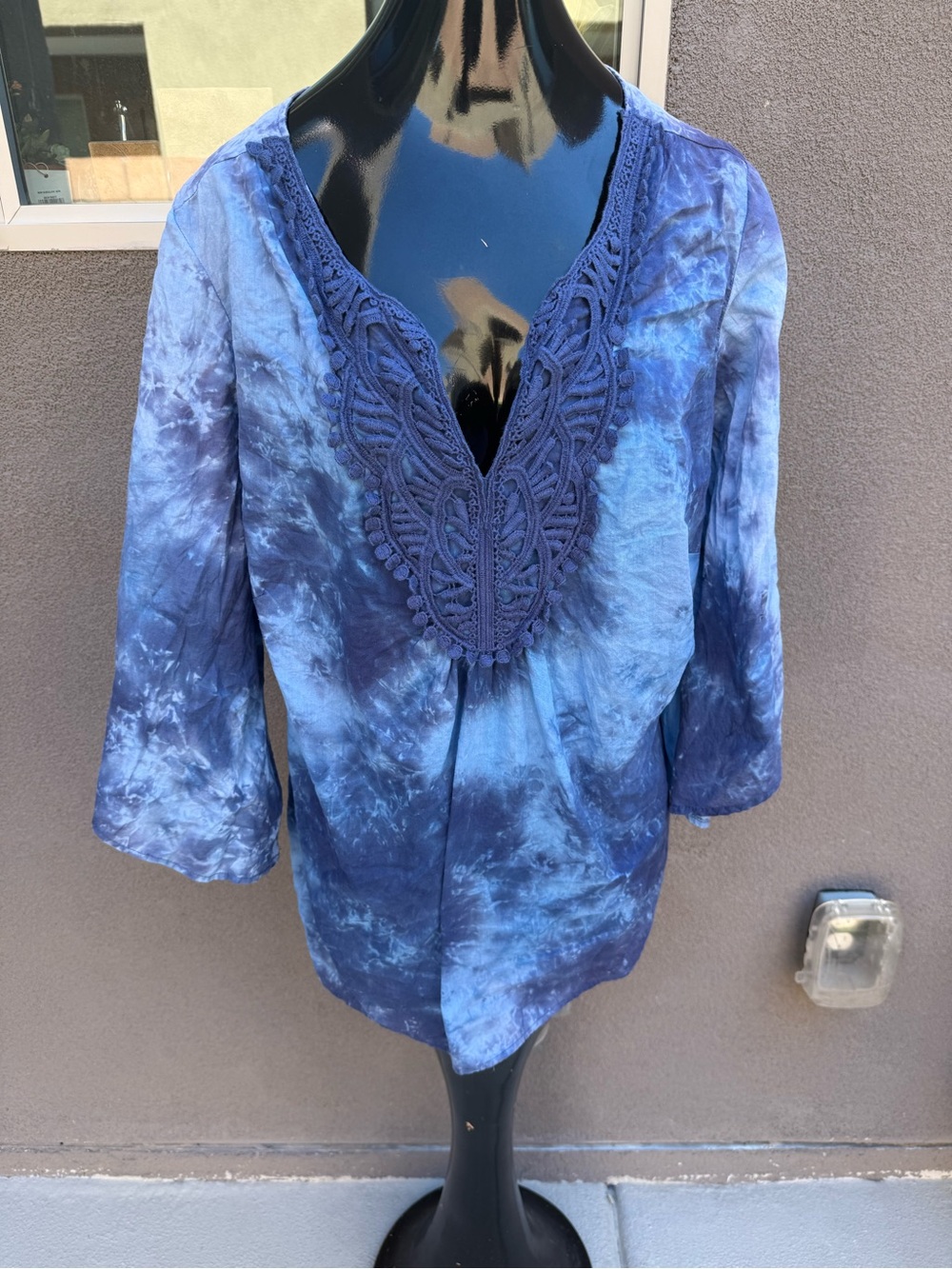 Boho Tie Dye Tunic Crochet Lace V-Neck Blue 3/4 Sleeve August Silk Shirt SZ 1X